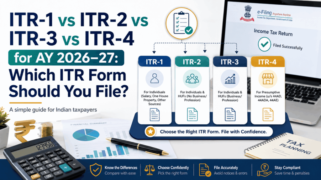 ITR-1 vs ITR-2 vs ITR-3 vs ITR-4 for AY 2026–27 which Should You File